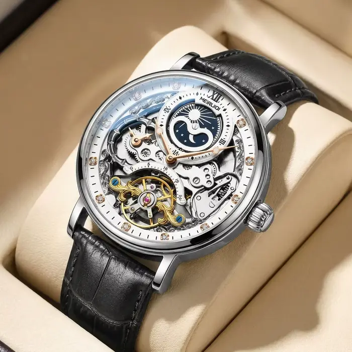 Montre mécanique à affichage des phases lunaires, design exquis, bracelet en cuir, style quotidien, 