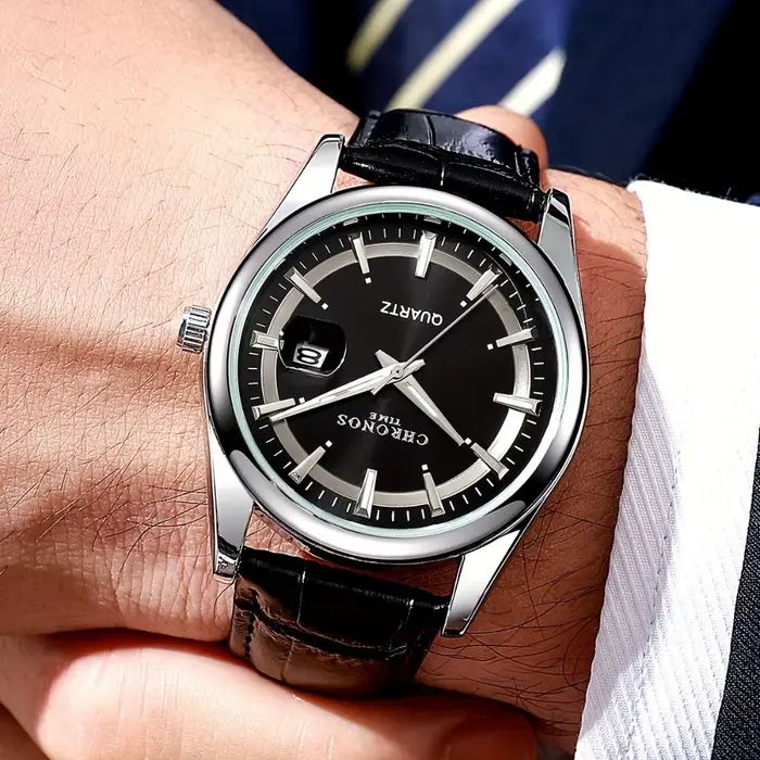 CHRONOS hommes montre-bracelet à Quartz classique avec calendrier cadran lumineux bracelet en cuir d