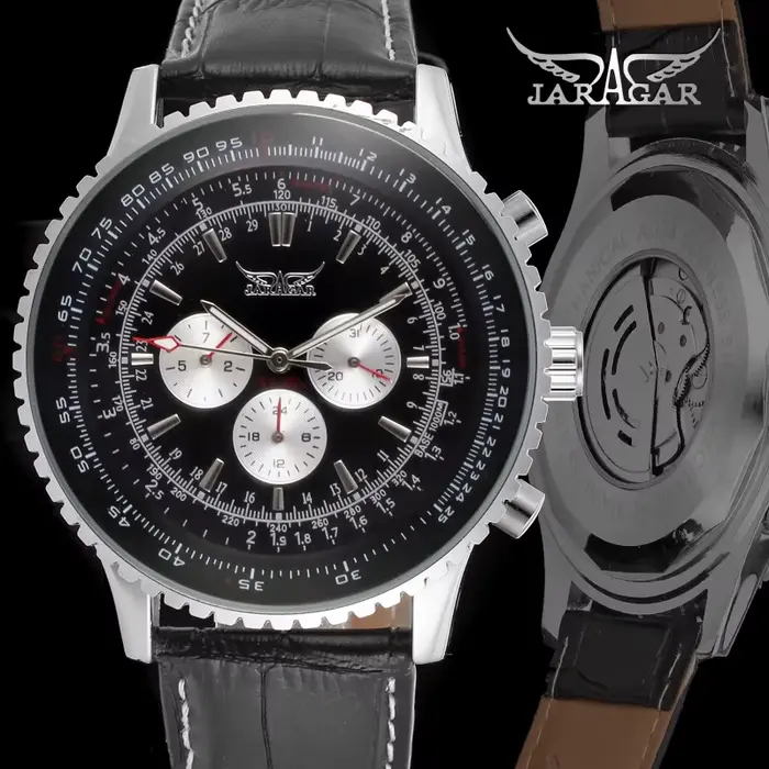 JARAGAR réplique originale grand cadran multifonctionnel automatique homme montre en cuir Vintage mécanique étanche hommes montres