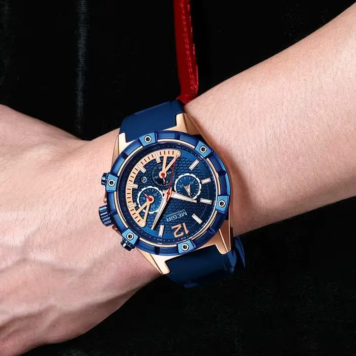 Montre homme MEGIR cadran bleu bracelet cuir résistante à l'eau pour affaires et occasions spéciales quartz élégante