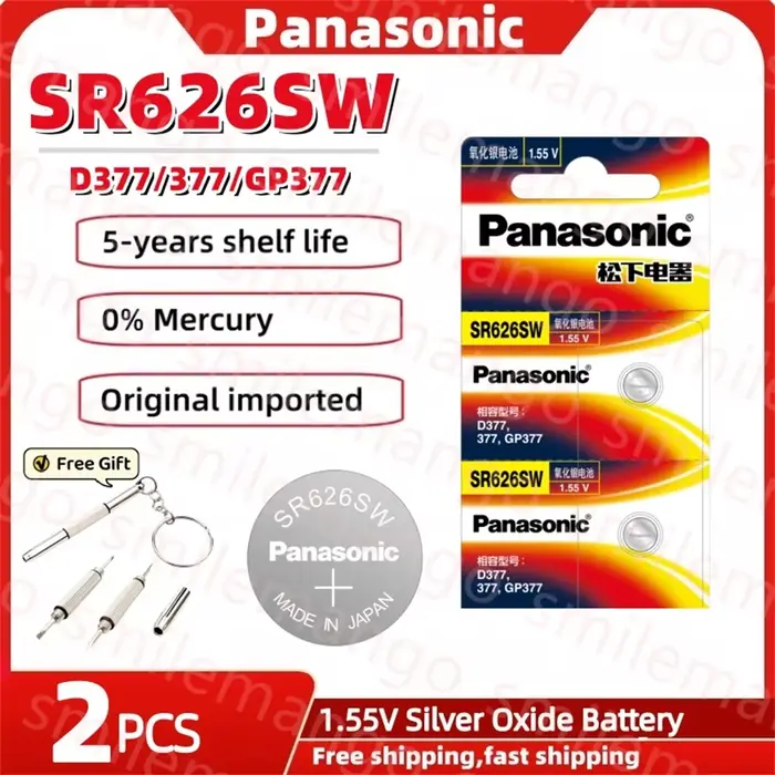 Pile de montre Panasonic Sr626sw 377 1,55V, pile bouton 377 adaptée aux montres Tissot, Swatch, CK,