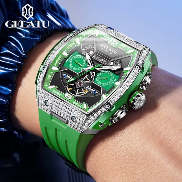 GELATU 6016 montre mécanique automatique haut de gamme plein diamant pour hommes multifonction bracelet en Silicone