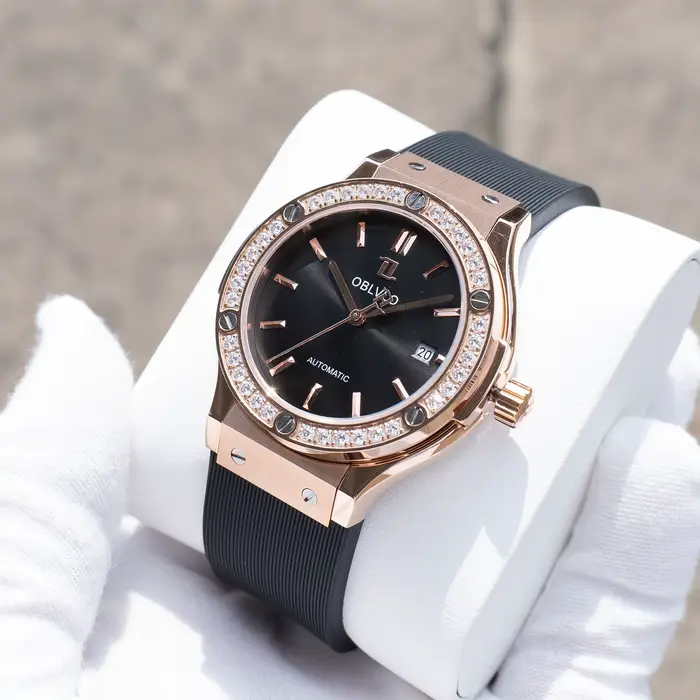 OBLVLO hommes de luxe or Rose cadran noir avec diamants lunette montre automatique étanche élastique mécanique