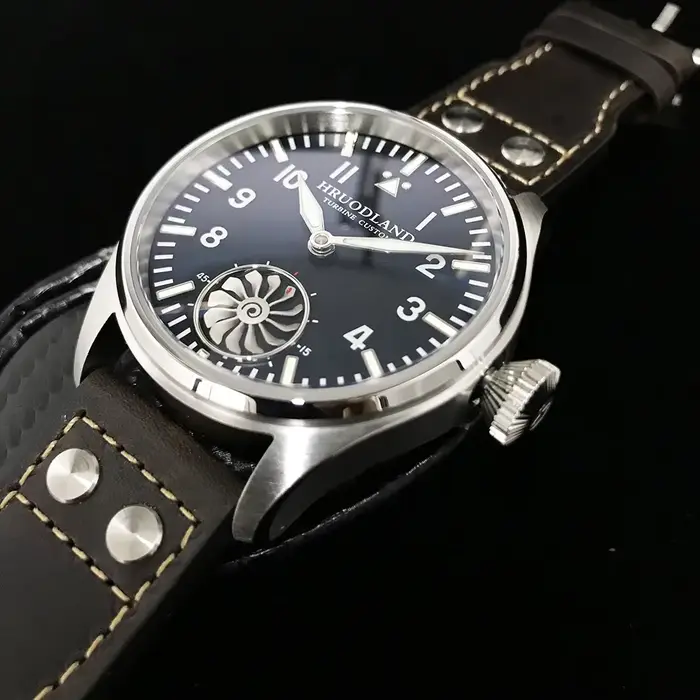 Montre Hruodland ST3620 Mécanique Hommes Mouette Pilote Rétro Saphir Bracelet Cuir Occasions Spéciales