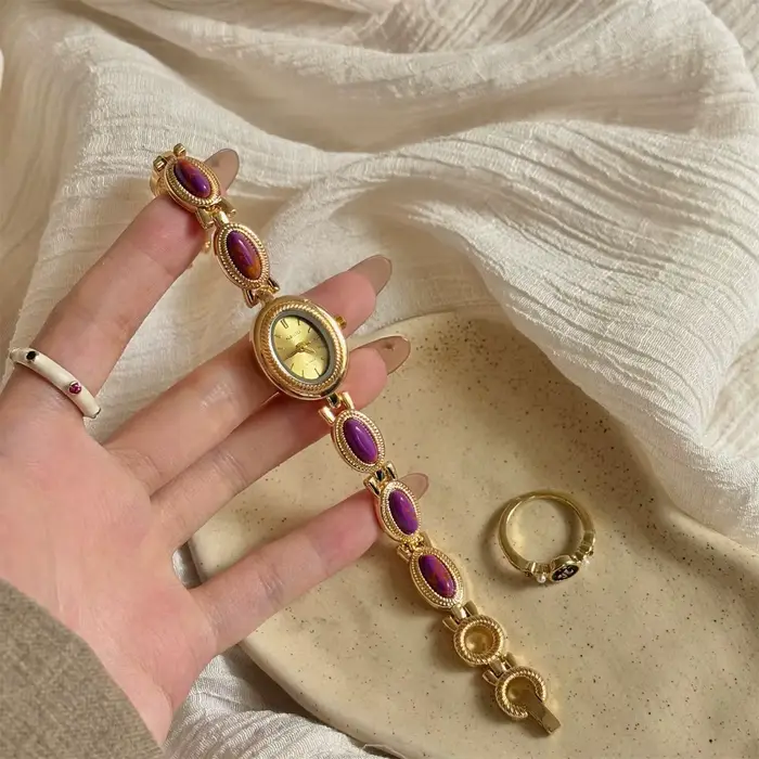 Montre-Bracelet Vintage en pierres précieuses colorées pour femmes, montre à Quartz élégante, montre