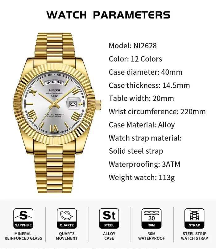Montre NIBOSI en acier inoxydable à quartz avec affichage lumineux et calendrier complet pour homme style fashion casual occasions spéciales