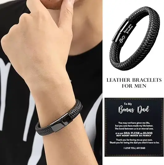 Bracelet en cuir et acier inoxydable style géométrique décontracté pour hommes cadeaux d'anniversaire romantiques occasions spéciales