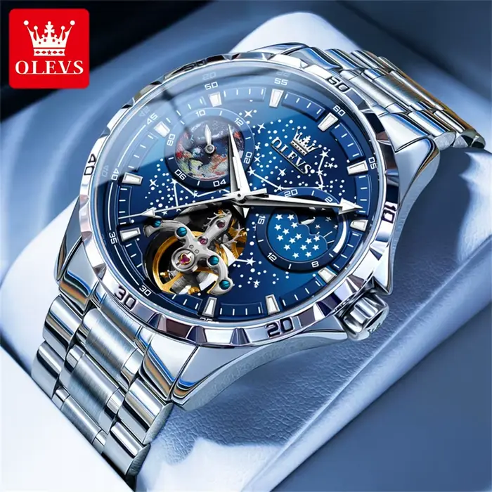 OLEVS-Montre Mécanique à Cadran Vert pour Homme, Phase de Lune, Bracelet en Cuir, Étanche, Ciel Étoi