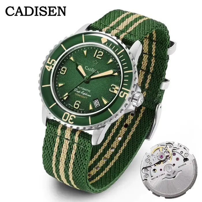CADISEN Deep Explorer 2026 vert automatique montre mécanique homme toile bracelet montre-bracelet 8215 luxe lumineux étanche montres