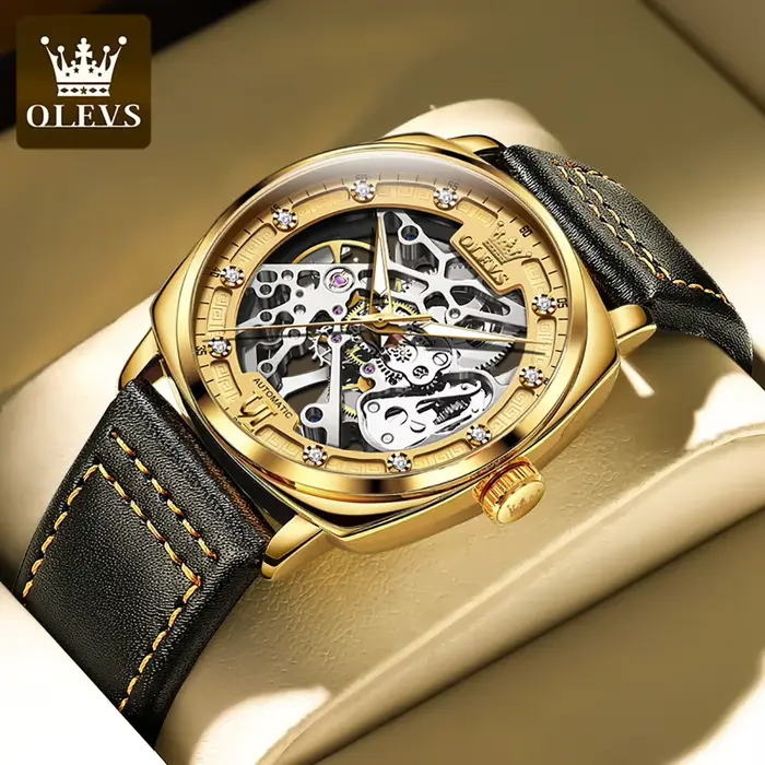 OLEVS 6651 montres pour hommes cadran carré creux bracelet en cuir hommes d'affaires montre-bracelet