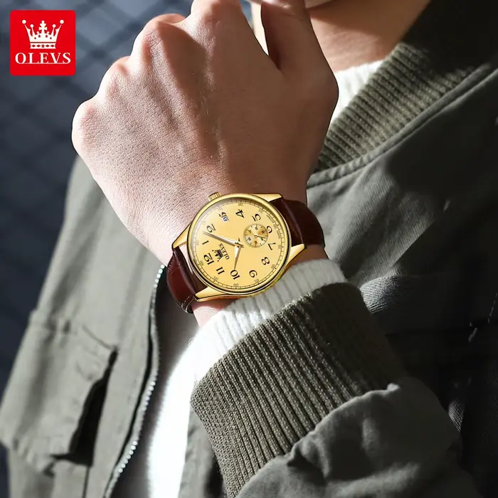 OLEVS 3622 numéro échelle montre à Quartz pour hommes bracelet en cuir Original étanche lumineux calendrier haut marque