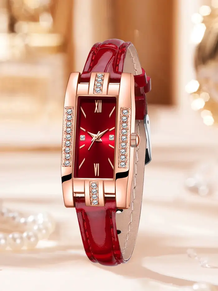 Montre rectangulaire pour femme avec bracelet en cuir incrusté de diamants en or rose