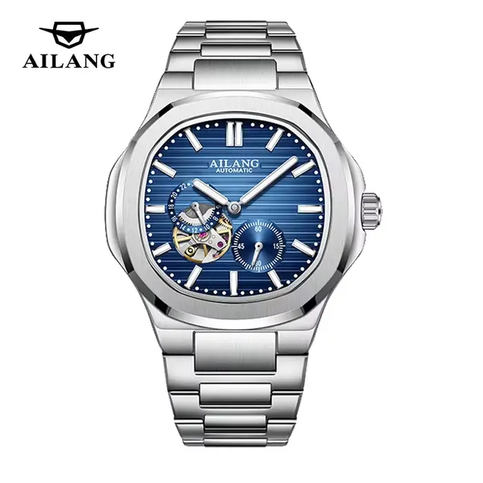 Montre Homme Luxe Haut de Gamme 2026 Carrée Saphir Acier Inoxydable Squelette Phase de Lune Mouvement Automatique Classique