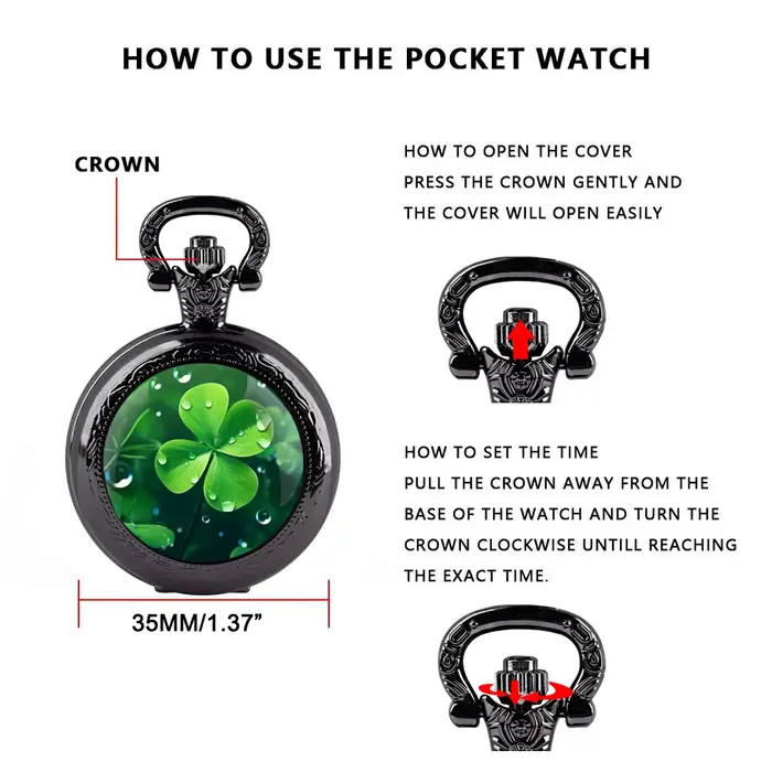 Montre de poche à quartz avec dôme en verre trèfle à quatre feuilles
