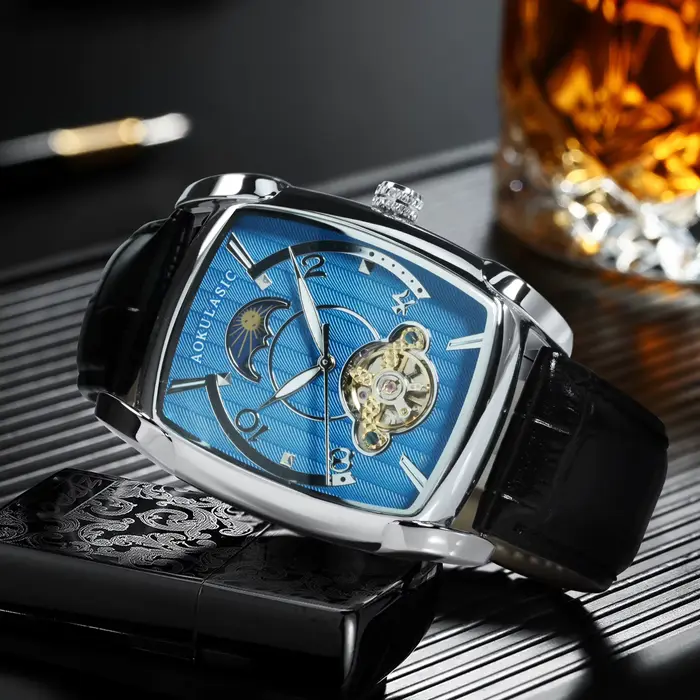 AOKULASIC Tourbillon squelette montre mécanique pour hommes mains lumineuses bracelet en cuir mode affaires