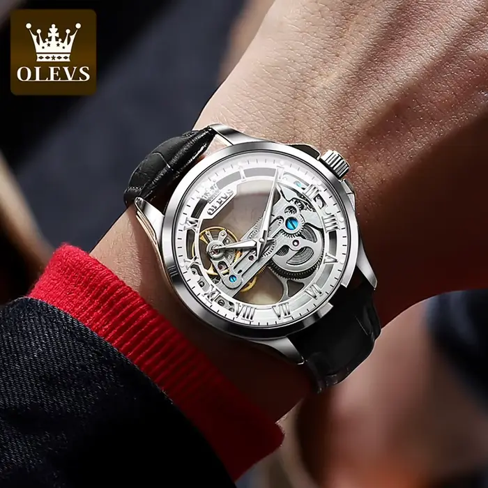 OLEVS 6661 montres automatiques bracelet en cuir creux Transparent étanche lumineux mécanique montre-bracelet pour
