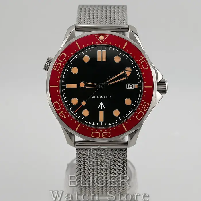 Montre de plongée mécanique BLIGER Vintage Bronze Or Rose 41mm pour homme NH35 PT5000 007 NTTD 100m avec lunette rouge bordeaux et bracelet en maille