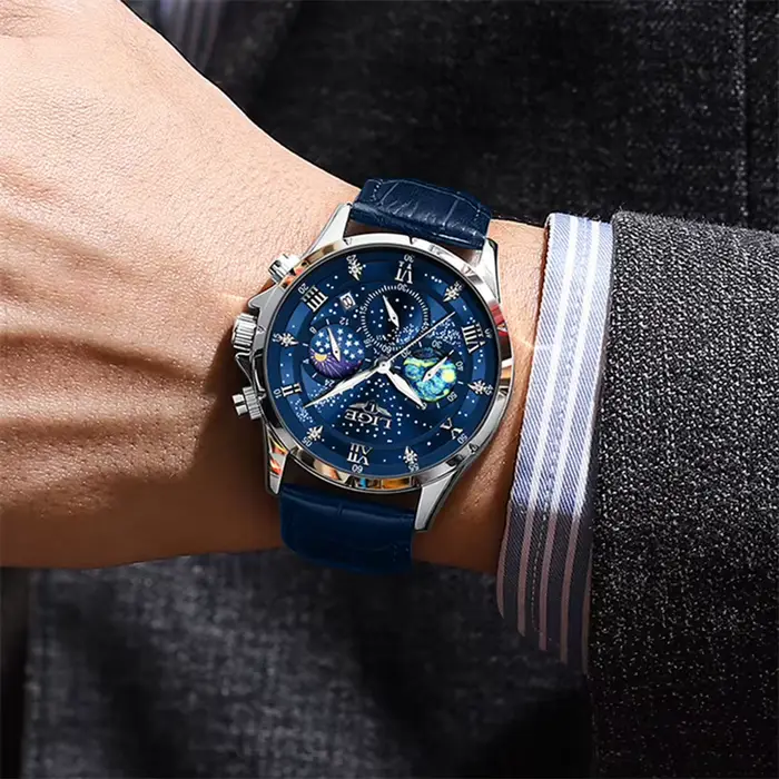 Montre classique en cuir bleu style militaire chronographe à quartz pour hommes occasions spéciales防水防震军旅风格男表
