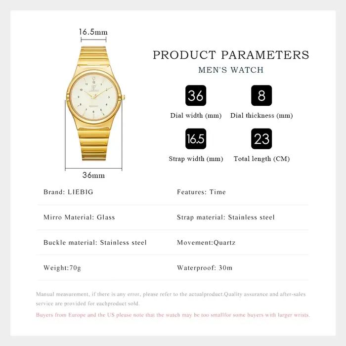 Montres-bracelets Liebig en acier inoxydable pour hommes, résistantes à l'eau, quartz, style décontracté et luxueux, parfaites pour diverses occasions et comme cadeau