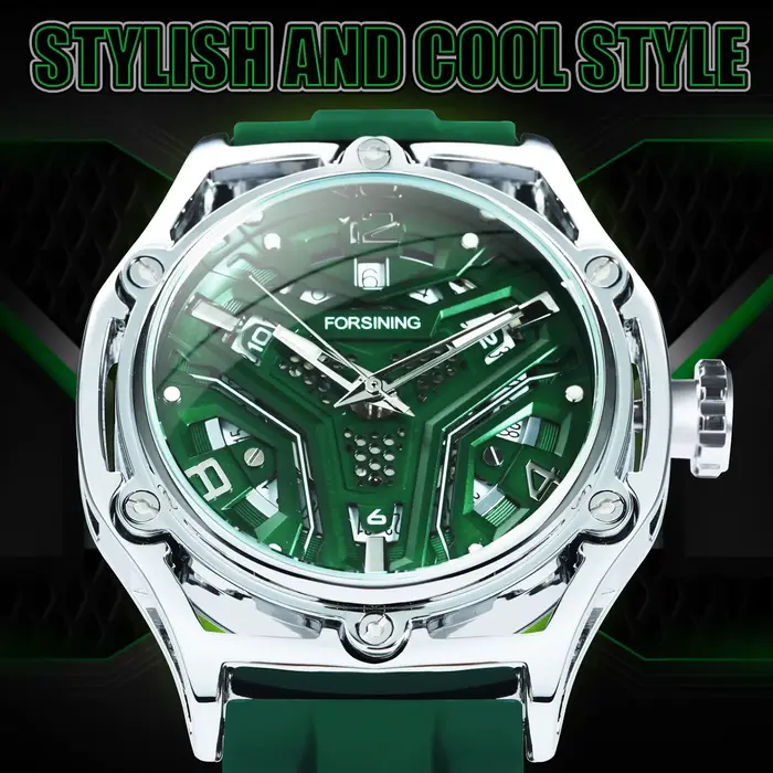 Montre Squelette Forsining pour Homme Bracelet en Caoutchouc Vert Montre Mécanique Automatique Style Professionnel Lumineuses Calendrier Occasions Spéciales Aventures Journées Relaxantes