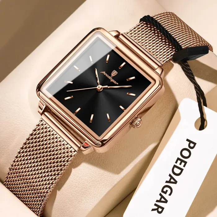 POEDAGAR carré mode dames montre étanche en acier inoxydable maille