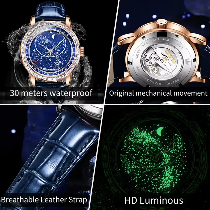 Montre homme Olevs 9923 phase de lune cadran ciel étoilé aiguilles des secondes rotatives lunette sertie de diamants montre mécanique automatique lumineuse homme occasions spéciales