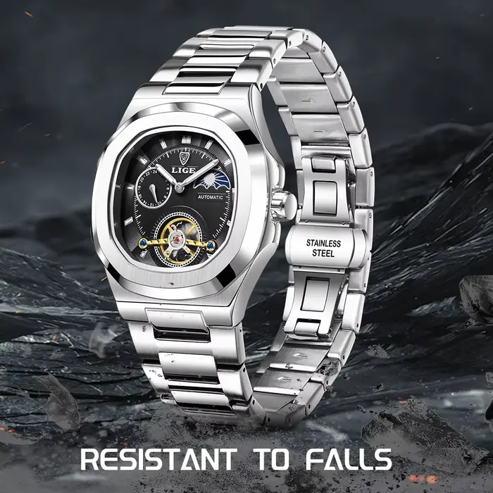 Montre LIGE pour Homme Luxe Automatique Boîtier Carré Élégante Bracelet Acier Inoxydable Occasions Formelles