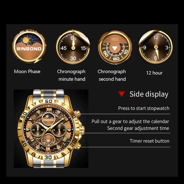BINBOND luxe mode hommes montres multi-fonctionnel en acier inoxydable Original Quartz montre-bracelet Phase de lune chronographe étanche