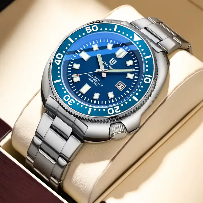 QINGXIYA tout nouveau Design de mode Date montre à Quartz pour hommes en acier inoxydable étanche lu
