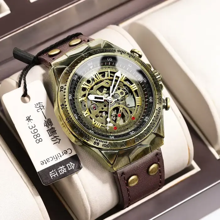 Binbond hommes montre mécanique mâle décontracté Bronze Style rétro automatique