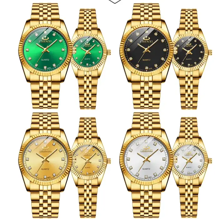 Montre de Couple Quartz en Acier Inoxydable Doré pour Femme Occasions Spéciales Mode Casual Résistante à L'Eau 3 Bars