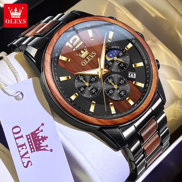 Montre en bois multifonctionnelle OLEVS avec chronographe, calendrier complet et indication de la phase de la lune pour homme style fashion et casual occasions spéciales