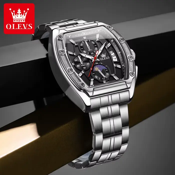 Montre sportive luxueuse en acier inoxydable avec fonction de phase de lune et chronomètre pour homme occasions spéciales