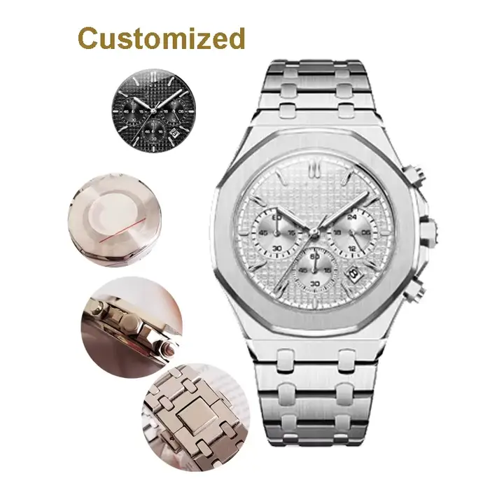 Montre chronographe pour homme 42 mm, quartz, acier inoxydable, boîtier serti de diamants, cadran mu