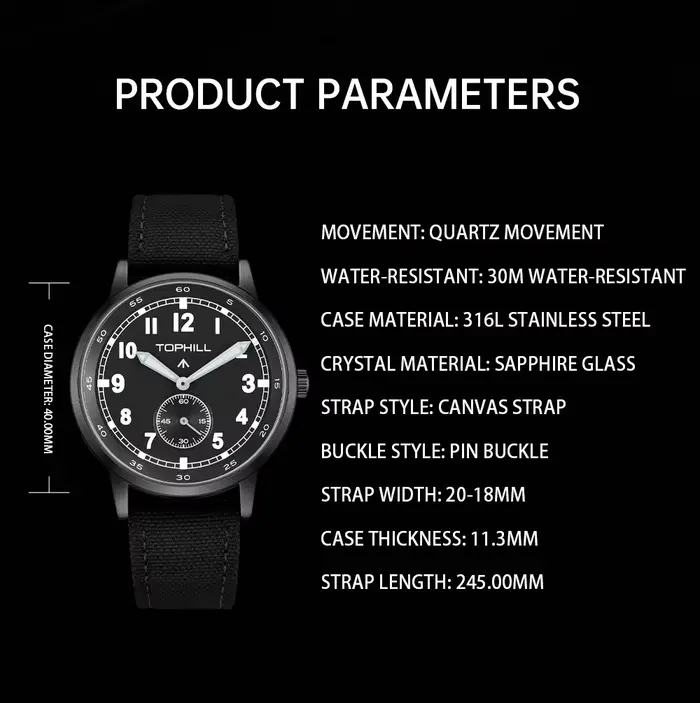 TOPHILL Montre à quartz pour homme 40 mm 1L45 Cadran mat sablé 6H Secondes sous-cadran Bracelet en cuir toile TW099G