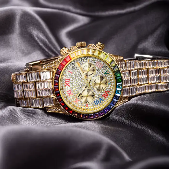 Montres-bracelets à quartz homme chronographe résistante à l'eau arc-en-ciel multicolore acier inoxydable occassions spéciales