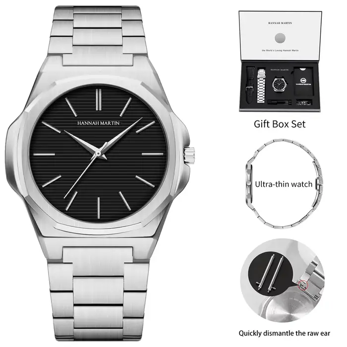 Hannah Martin hommes montre 6.8mm ultra-mince JP mouvement noir en acier inoxydable montre d'affaire