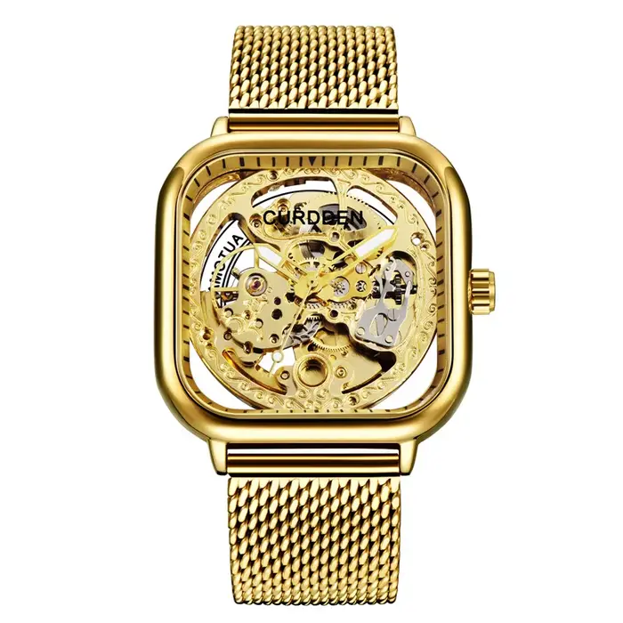 CURDDEN marque montres pour hommes mode bracelet en acier inoxydable doré évider automatique montre 