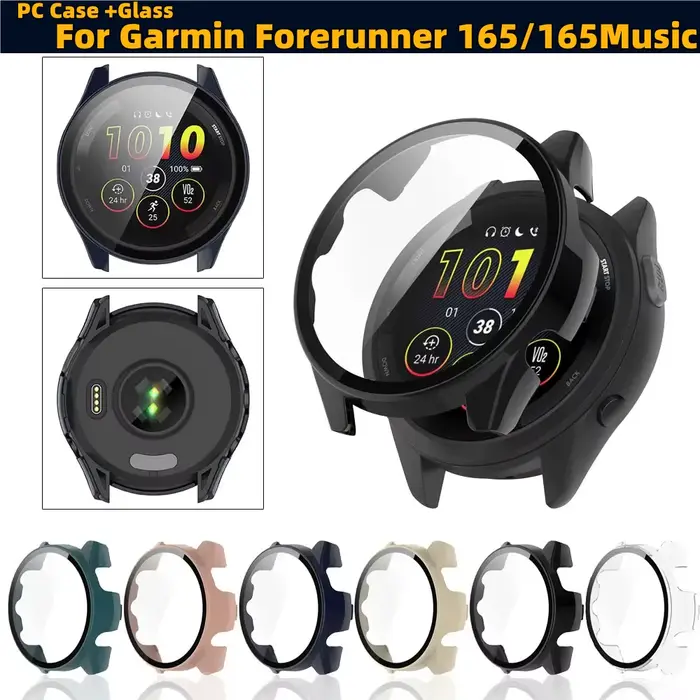 Boîtier PC + protecteur d'écran en verre pour Garmin Forerunner 165/165 Music, housse de protection à couverture complète