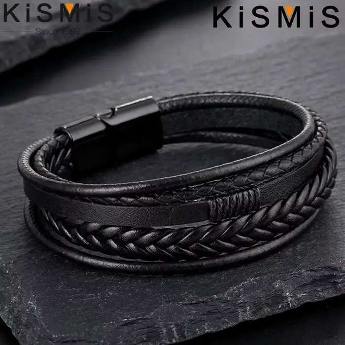 Bracelet en cuir tissé multicouche pour hommes