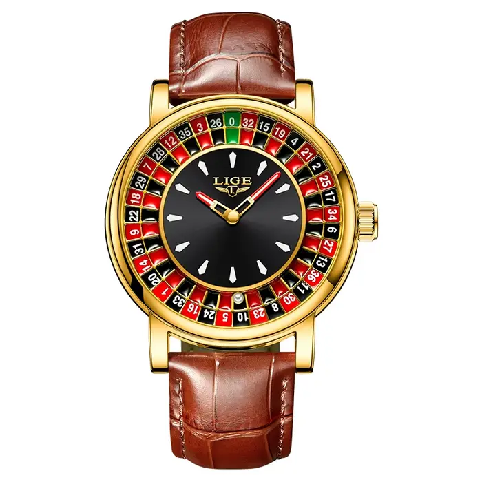 Montre Homme LIGE Tendance en Cuir Marron avec Cadran Rotatif Thème Roulette de Las Vegas, Montre de