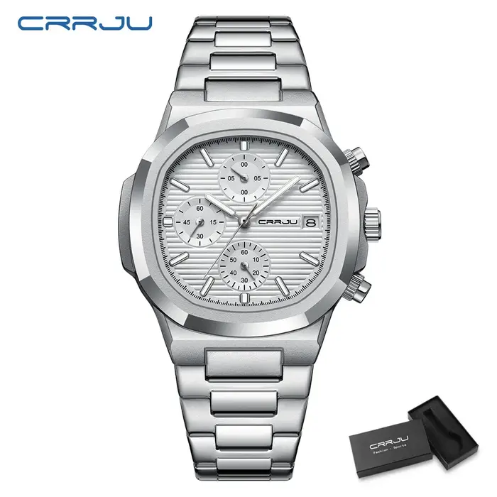 CRRJU luxe homme montre affaires étanche mâle horloge lumineuse Date acier inoxydable carré Quartz hommes