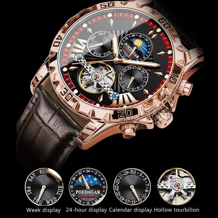 Montre automatique POEDAGAR avec tourbillon et calendrier complet pour homme, résistance à l'eau, bracelet en cuir, pour soirées et activités quotidiennes