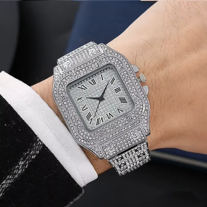 Montre carrée à ciel étoilé en acier avec diamants, mouvement quartz, affichage chiffre romain pour hommes occasions spéciales