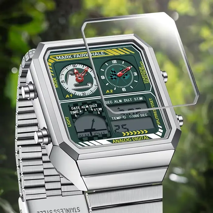 MARK FAIRWHALE montres pour homme 4460 en acier inoxydable tendance cadran carré multifonctionnel réveil lumineux étanche hommes montre