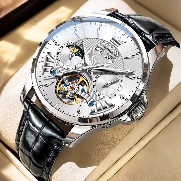 Montres mécaniques OLEVS 7103 pour homme, bracelet en cuir, squelette, phase de lune, montre-bracele