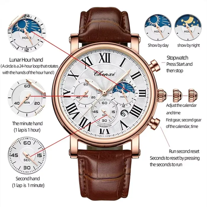 Montre CHENXI 973 Quartz Affaires avec Fonction Phase de la Lune pour Hommes Occasions Spéciales