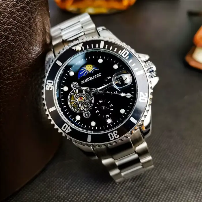 Tourbillon Phase de lune squelette montres mécaniques lunette rotative cadran lumineux luxe automatique montre pour hommes bracelet en acier inoxydable