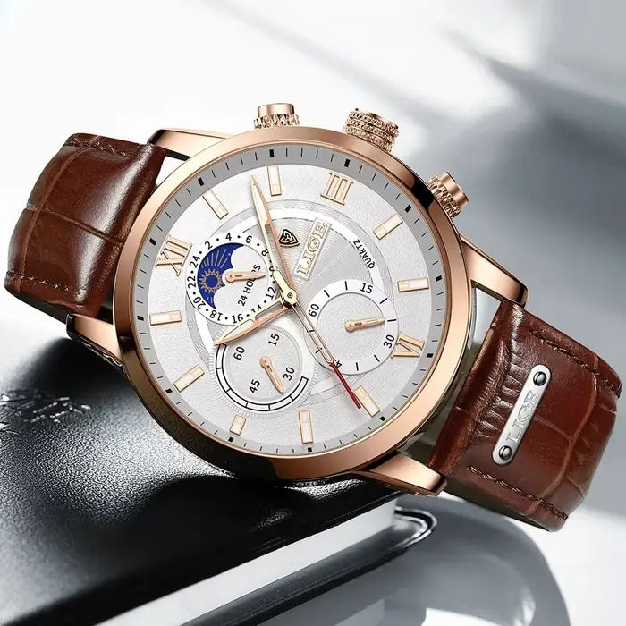 LIGE mode luxe hommes montres rétro bracelet en cuir décontracté Quartz homme montre horloges d'affaires sport étanche Date chronographe