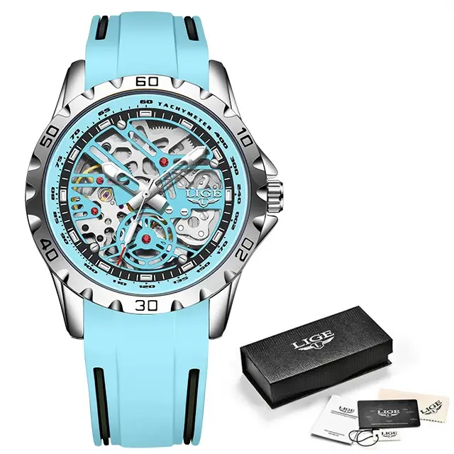 Montre LIGE Automatique Luxe Homme Tourbillon Boîtier Acier Inoxydable Bracelet Silicone Occasions Spéciales